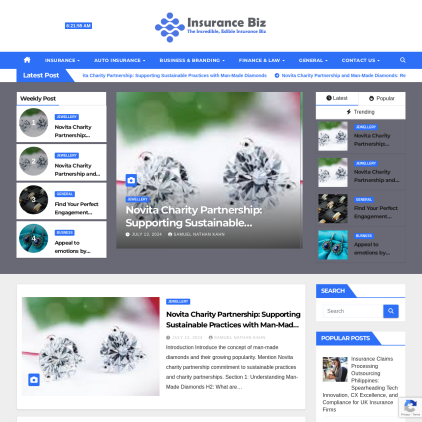 A detailed screenshot showcasing the homepage of insurancebiz.co.uk, highlighting its main features and design elements.