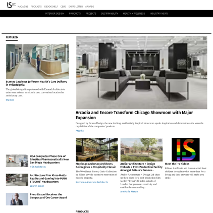 A detailed screenshot showcasing the homepage of interiorsandsources.com, highlighting its main features and design elements.