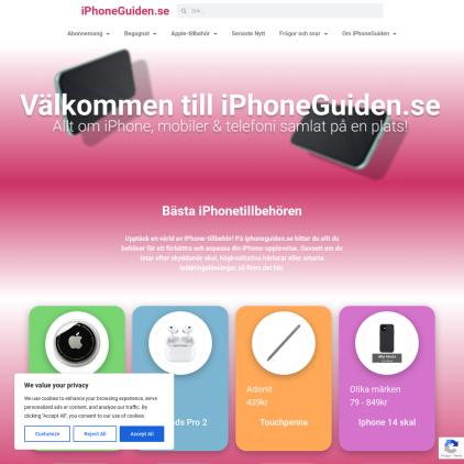 A detailed screenshot showcasing the homepage of iphoneguiden.se, highlighting its main features and design elements.