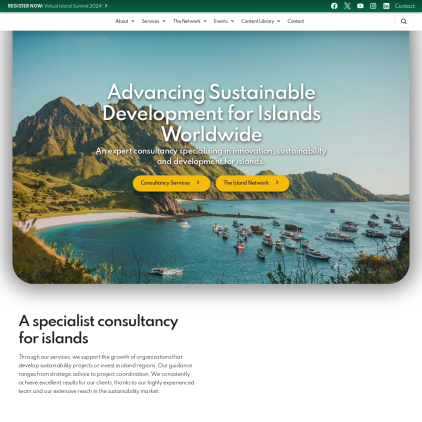 A detailed screenshot showcasing the homepage of islandinnovation.co, highlighting its main features and design elements.