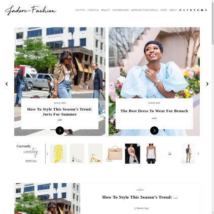 A detailed screenshot showcasing the homepage of jadore-fashion.com, highlighting its main features and design elements.