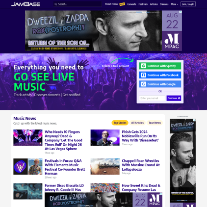 A detailed screenshot showcasing the homepage of jambase.com, highlighting its main features and design elements.