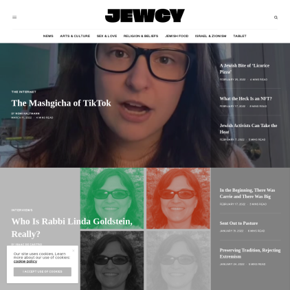 A detailed screenshot showcasing the homepage of jewcy.com, highlighting its main features and design elements.