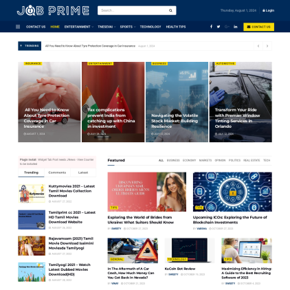 A detailed screenshot showcasing the homepage of jobprime.in, highlighting its main features and design elements.