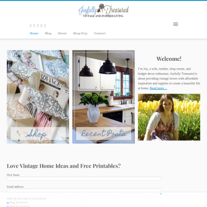 A detailed screenshot showcasing the homepage of joyfullytreasured.com, highlighting its main features and design elements.