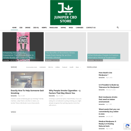 A detailed screenshot showcasing the homepage of junipercbdstore.com, highlighting its main features and design elements.