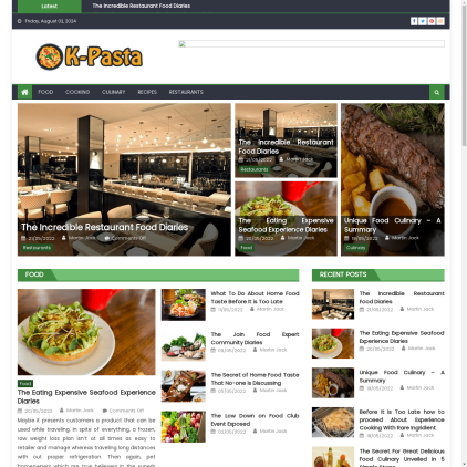 A detailed screenshot showcasing the homepage of k-pasta.com, highlighting its main features and design elements.