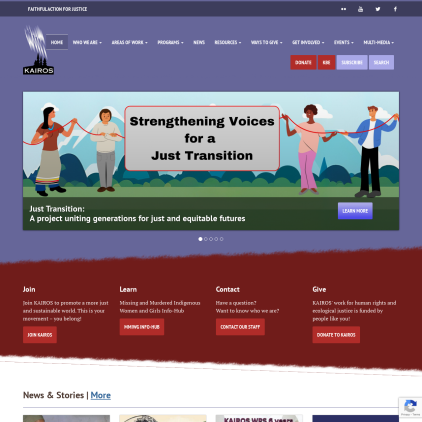 A detailed screenshot showcasing the homepage of kairoscanada.org, highlighting its main features and design elements.