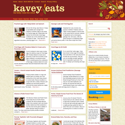 A detailed screenshot showcasing the homepage of kaveyeats.com, highlighting its main features and design elements.