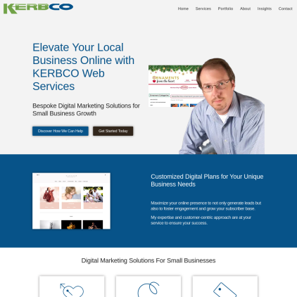 A detailed screenshot showcasing the homepage of kerbco.com, highlighting its main features and design elements.