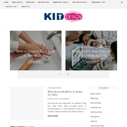 A detailed screenshot showcasing the homepage of kidddesigns.com, highlighting its main features and design elements.