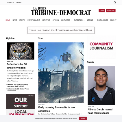 A detailed screenshot showcasing the homepage of lajuntatribunedemocrat.com, highlighting its main features and design elements.