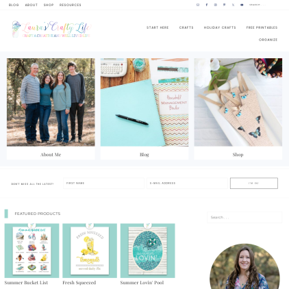 A detailed screenshot showcasing the homepage of laurascraftylife.com, highlighting its main features and design elements.