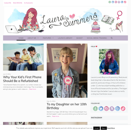 A detailed screenshot showcasing the homepage of laurasummers.co.uk, highlighting its main features and design elements.