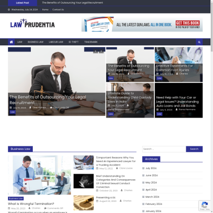 A detailed screenshot showcasing the homepage of lawprudentia.com, highlighting its main features and design elements.