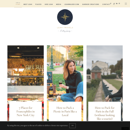 A detailed screenshot showcasing the homepage of leahtravels.com, highlighting its main features and design elements.