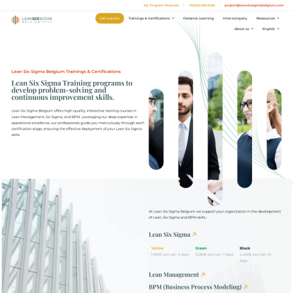 A detailed screenshot showcasing the homepage of leansixsigmabelgium.com, highlighting its main features and design elements.