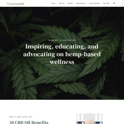 A detailed screenshot showcasing the homepage of learningcbdoil.com, highlighting its main features and design elements.