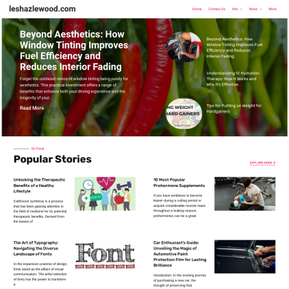 A detailed screenshot showcasing the homepage of leshazlewood.com, highlighting its main features and design elements.