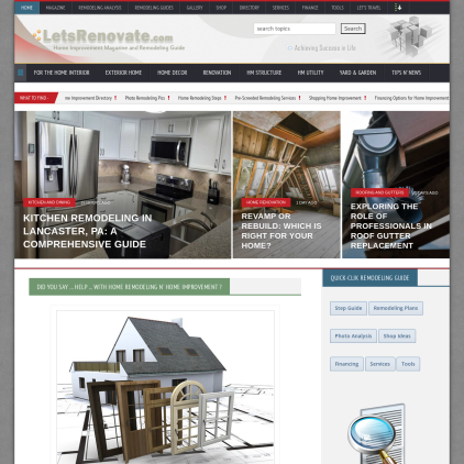 A detailed screenshot showcasing the homepage of letsrenovate.com, highlighting its main features and design elements.