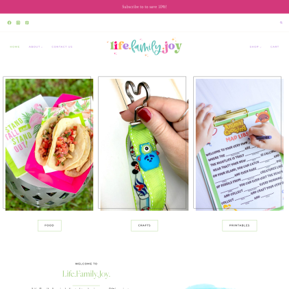 A detailed screenshot showcasing the homepage of lifefamilyjoy.com, highlighting its main features and design elements.