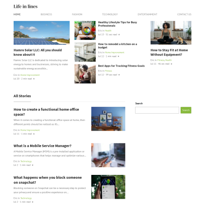 A detailed screenshot showcasing the homepage of lifeinlines.com, highlighting its main features and design elements.