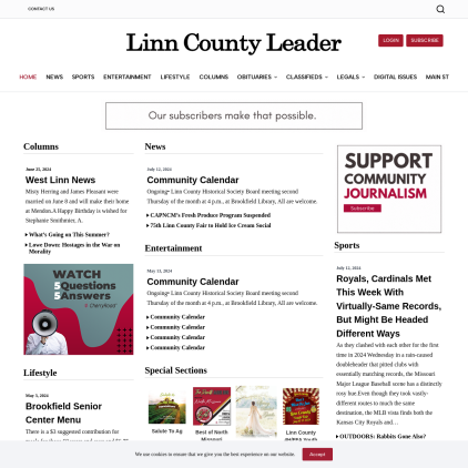 A detailed screenshot showcasing the homepage of linncountyleader.com, highlighting its main features and design elements.