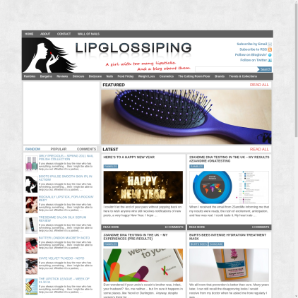 A detailed screenshot showcasing the homepage of lipglossiping.com, highlighting its main features and design elements.