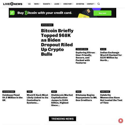 A detailed screenshot showcasing the homepage of livebitcoinnews.com, highlighting its main features and design elements.