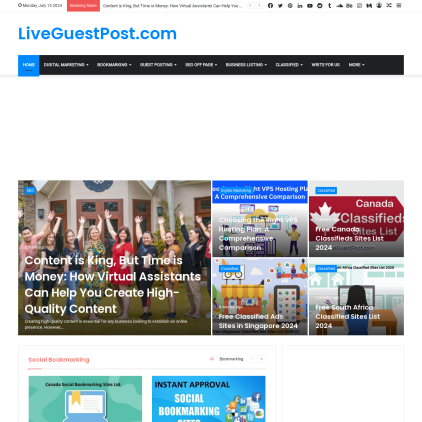 A detailed screenshot showcasing the homepage of liveguestpost.com, highlighting its main features and design elements.