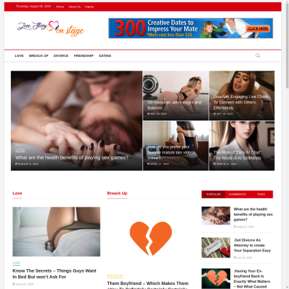 A detailed screenshot showcasing the homepage of lovestoryonstage.com, highlighting its main features and design elements.