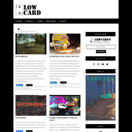 A detailed screenshot showcasing the homepage of lowcardmag.com, highlighting its main features and design elements.