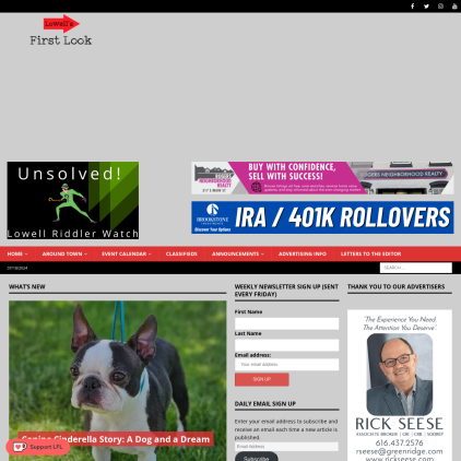 A detailed screenshot showcasing the homepage of lowellsfirstlook.com, highlighting its main features and design elements.