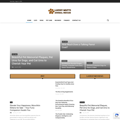 A detailed screenshot showcasing the homepage of luckymuttsanimalrescue.com, highlighting its main features and design elements.