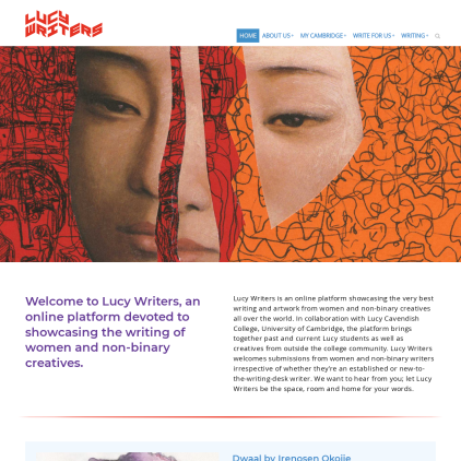 A detailed screenshot showcasing the homepage of lucywritersplatform.com, highlighting its main features and design elements.