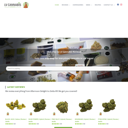 A detailed screenshot showcasing the homepage of lvcannabisreviews.com, highlighting its main features and design elements.