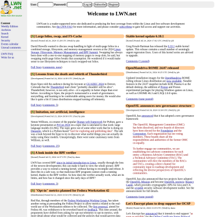 A detailed screenshot showcasing the homepage of lwn.net, highlighting its main features and design elements.