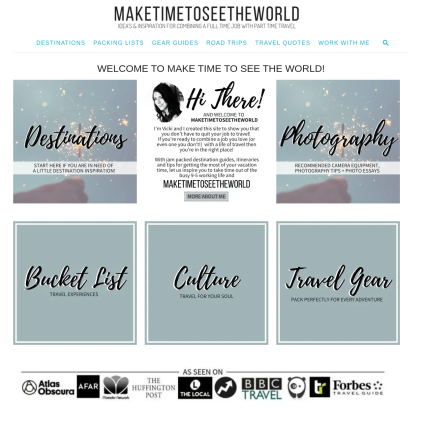 A detailed screenshot showcasing the homepage of maketimetoseetheworld.com, highlighting its main features and design elements.