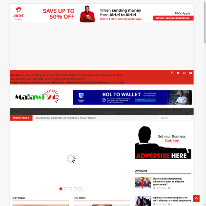 A detailed screenshot showcasing the homepage of malawi24.com, highlighting its main features and design elements.