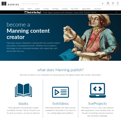 A detailed screenshot showcasing the homepage of manning.com, highlighting its main features and design elements.