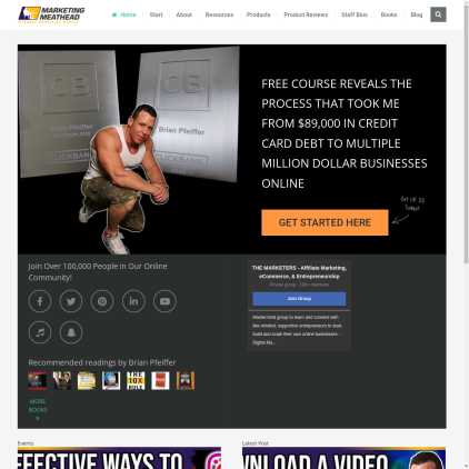 A detailed screenshot showcasing the homepage of marketingmeathead.com, highlighting its main features and design elements.