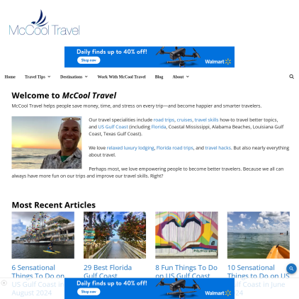 A detailed screenshot showcasing the homepage of mccooltravel.com, highlighting its main features and design elements.