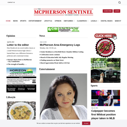 A detailed screenshot showcasing the homepage of mcphersonsentinel.com, highlighting its main features and design elements.