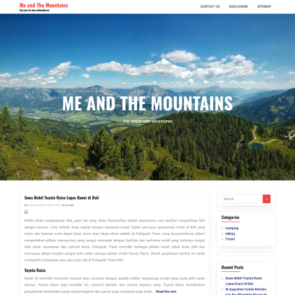 A detailed screenshot showcasing the homepage of meandthemountains.com, highlighting its main features and design elements.