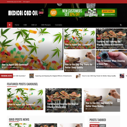 A detailed screenshot showcasing the homepage of medicalcbdoil365.com, highlighting its main features and design elements.