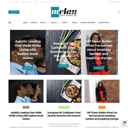 A detailed screenshot showcasing the homepage of melanmag.com, highlighting its main features and design elements.