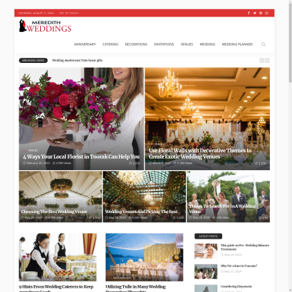 A detailed screenshot showcasing the homepage of meredithweddings.com, highlighting its main features and design elements.