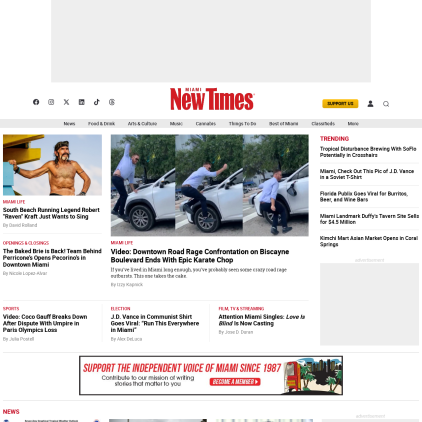 A detailed screenshot showcasing the homepage of miaminewtimes.com, highlighting its main features and design elements.