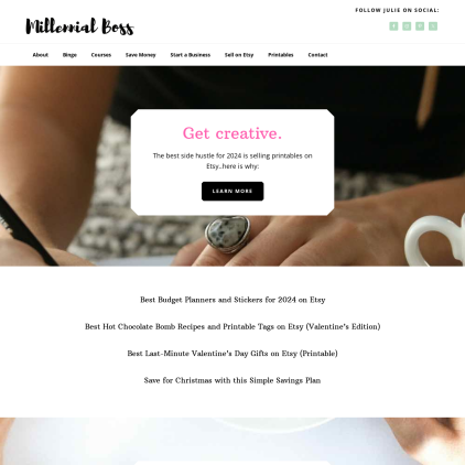 A detailed screenshot showcasing the homepage of millennialboss.com, highlighting its main features and design elements.