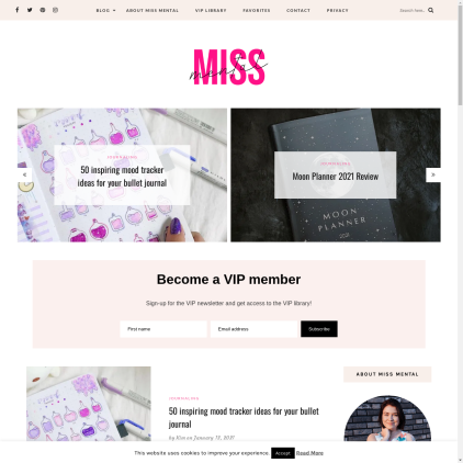 A detailed screenshot showcasing the homepage of miss-mental.com, highlighting its main features and design elements.